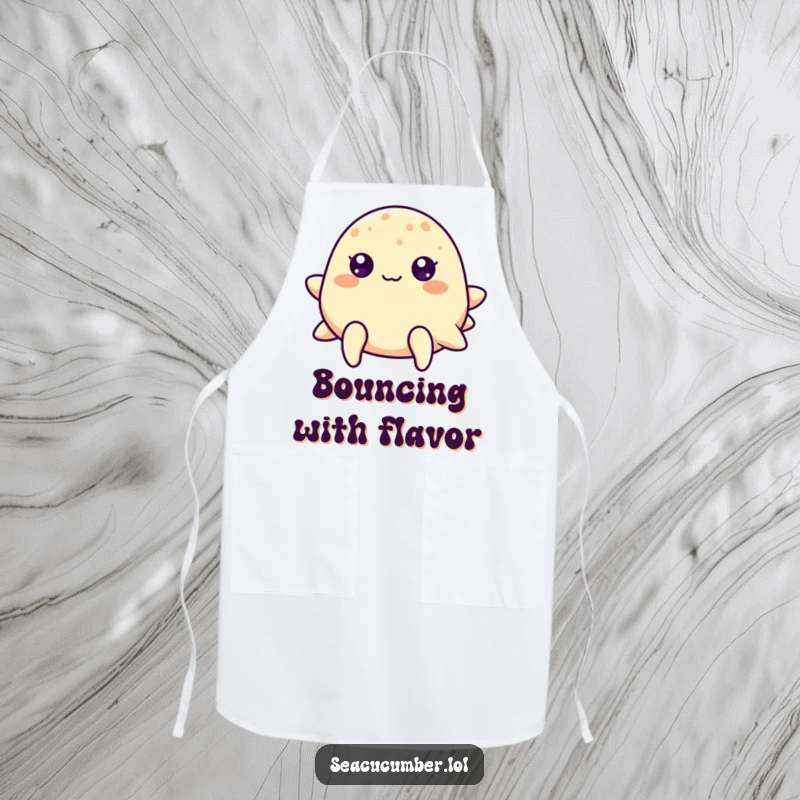 Funny sea cucumber with cheerful dot eyes gently bouncing on a functional and fun kitchen apron.
