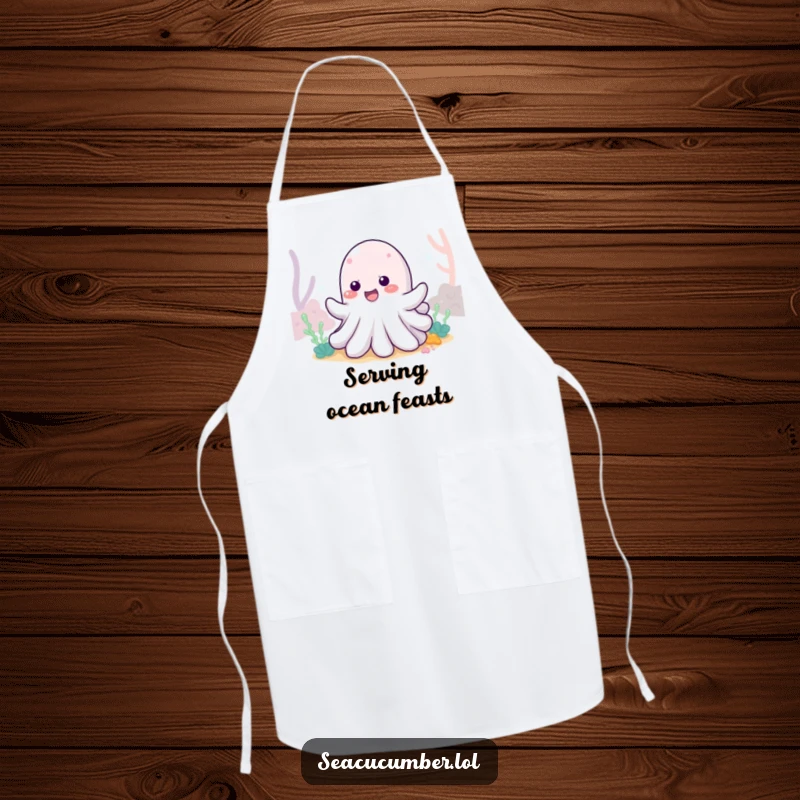 Funny Sea Cucumber Apron showing a cheerful sea cucumber wiggling with delight, adding ocean humor to kitchen activities.