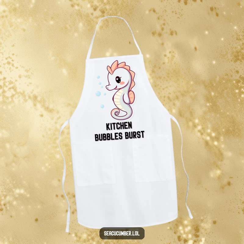 Funny Apron featuring a playful smiling seahorse with bubbles trailing behind it, perfect for cooking.