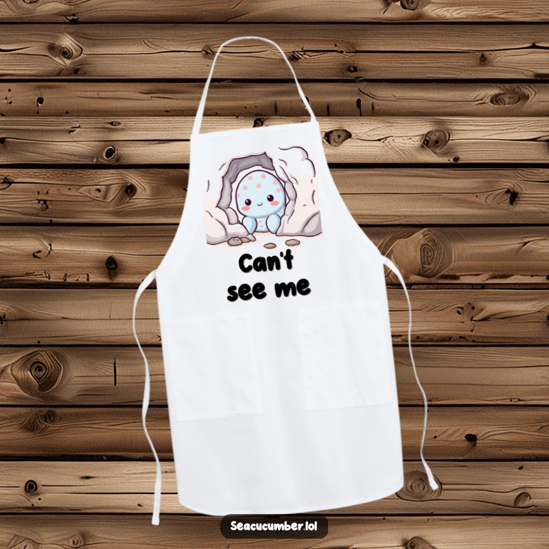 Funny shy sea cucumber peeking from behind a rock, cute and functional apron for kitchen adventures.