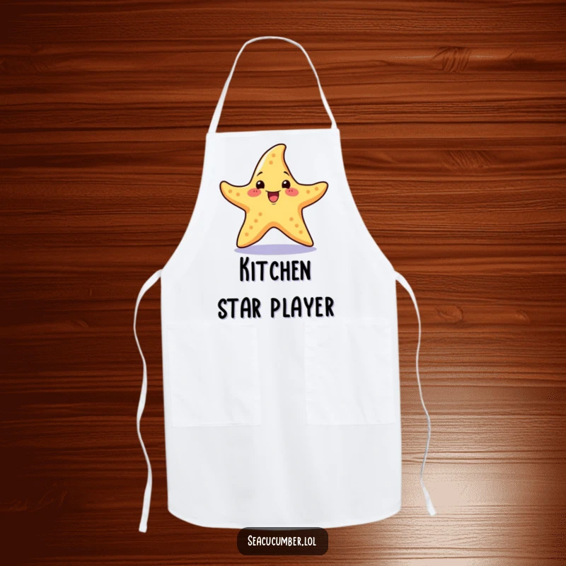 Funny Apron featuring a cheerful starfish with an excited expression performing a little spin.