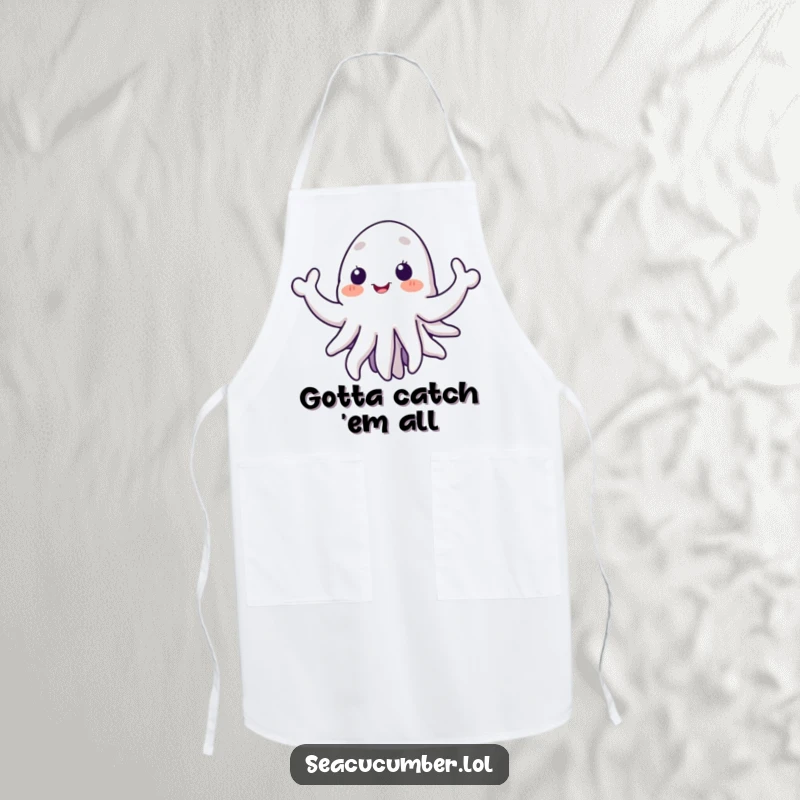 Funny sea cucumber apron displaying a cheerful marine animal with welcoming tentacles, ideal for kitchen use with a humorous flair.