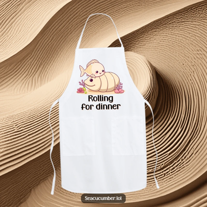 Funny small fish playfully nudging a rolling sea cucumber on a functional and amusing kitchen apron.