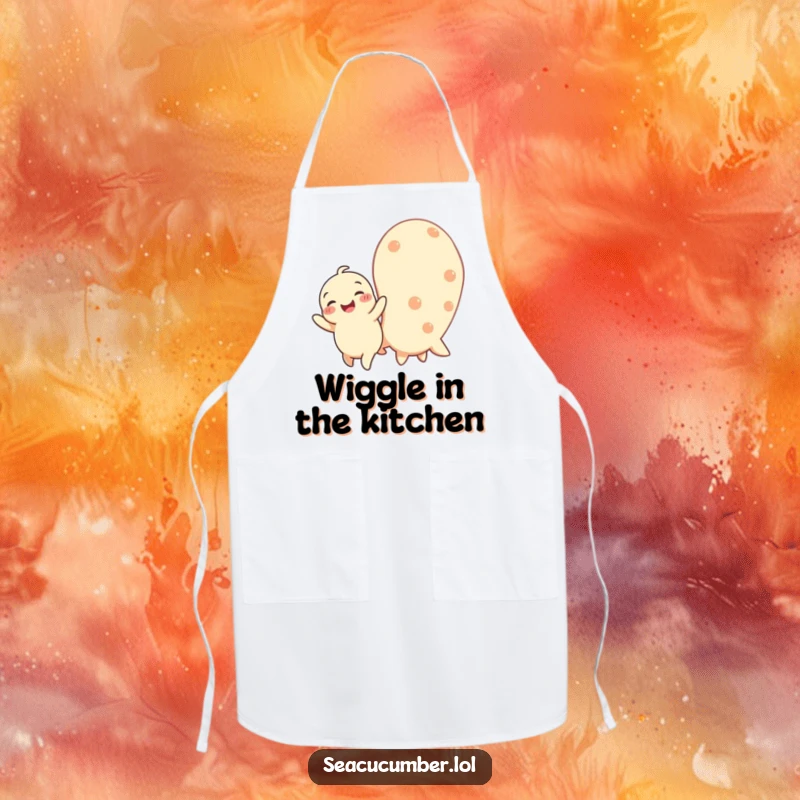 Funny kitchen apron showing a happy baby seacucumber wiggling with joy next to a larger one, adding cheer to cooking.