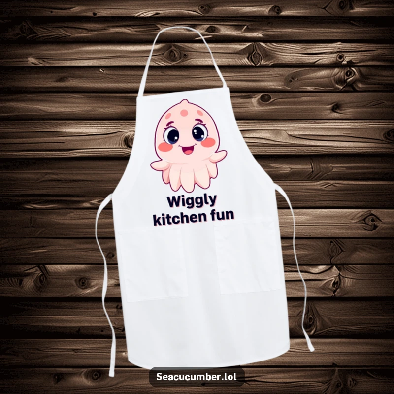 Funny Sea Cucumber Apron wiggling joyfully with wide, happy eyes, a humorous and practical kitchen accessory.