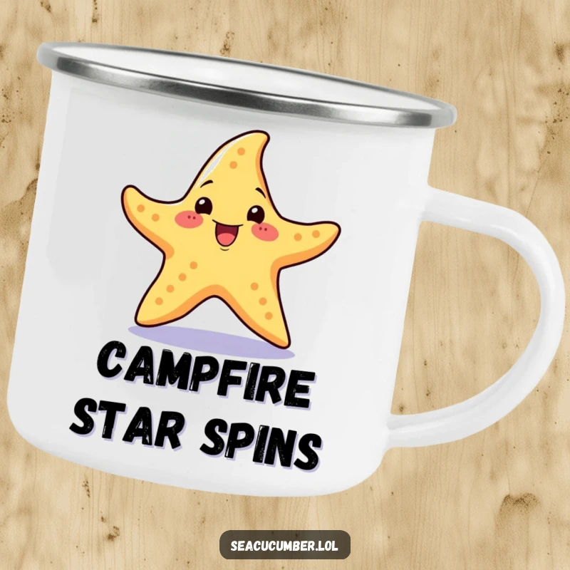 Funny Camping Mug with a cheerful starfish performing a little spin with an excited expression outdoors.