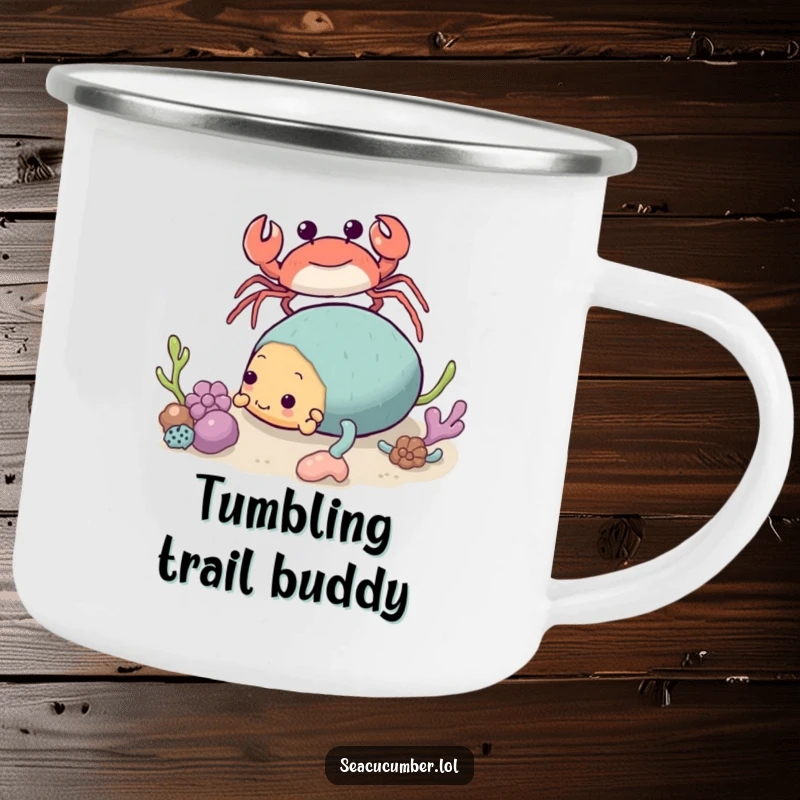 Funny Crab Camping Mug approaching a tumbling Sea Cucumber, a durable and humorous mug for outdoor excursions.