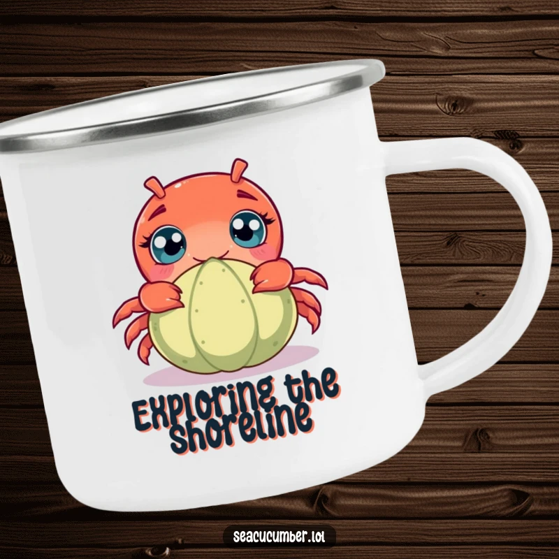 Funny camping mug showcasing a curious crab peeking from behind a seacucumber, ideal for outdoor humor and travel.
