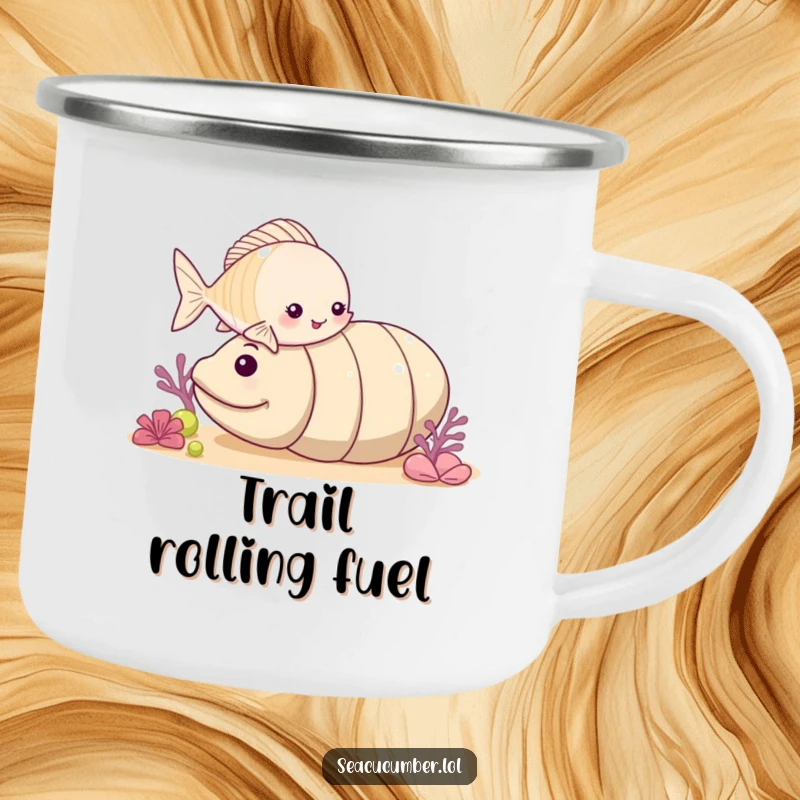Funny small fish playfully nudging a rolling sea cucumber on a sturdy camping mug for outdoor lovers.