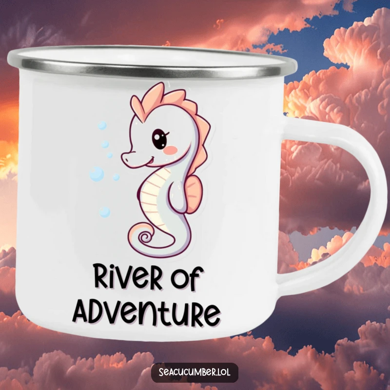 Funny Camping Mug with a playful smiling seahorse with bubbles trailing behind it in a nature setting.