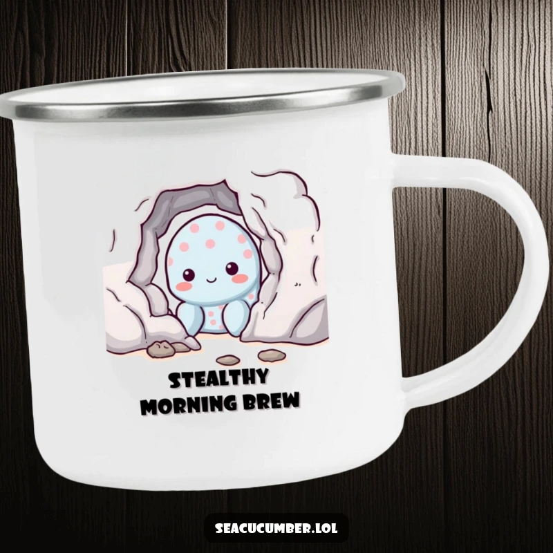 Funny shy sea cucumber peeking from a rock on a tough camping mug, ideal for nature lovers.