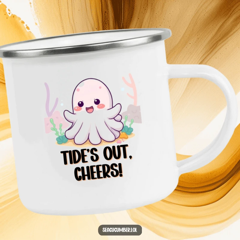 Funny Sea Cucumber Camping Mug with a cheerful sea cucumber wiggling with delight, perfect for outdoor enthusiasts.