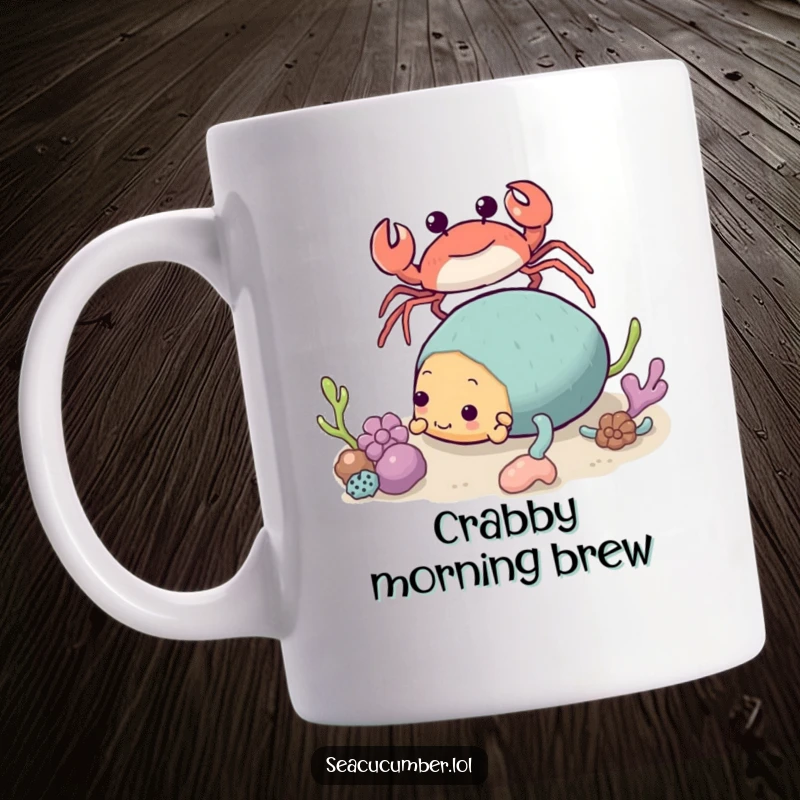 Funny Crab Mug approaching a tumbling Sea Cucumber with wide eyes, a humorous and cute ocean encounter.