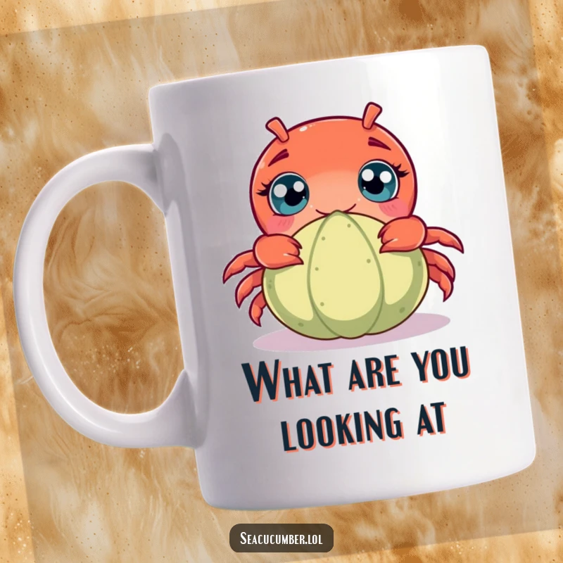 Funny crab mug with wide eyes peeking curiously from behind a small, cute seacucumber, showcasing ocean wonder and humor perfectly.