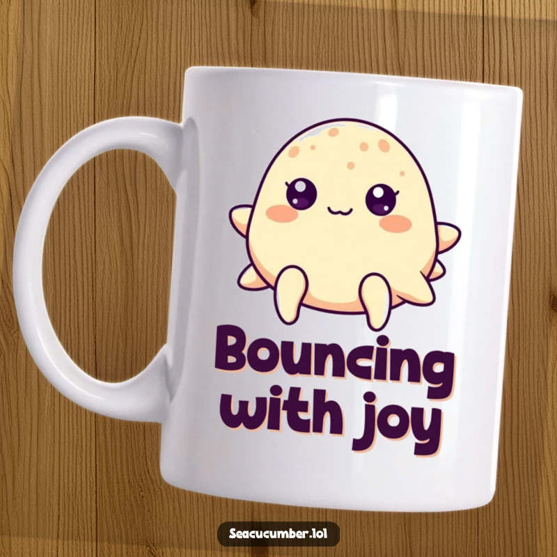 Funny sea cucumber with cheerful dots for eyes gently bouncing, a happy ocean creature on a mug.