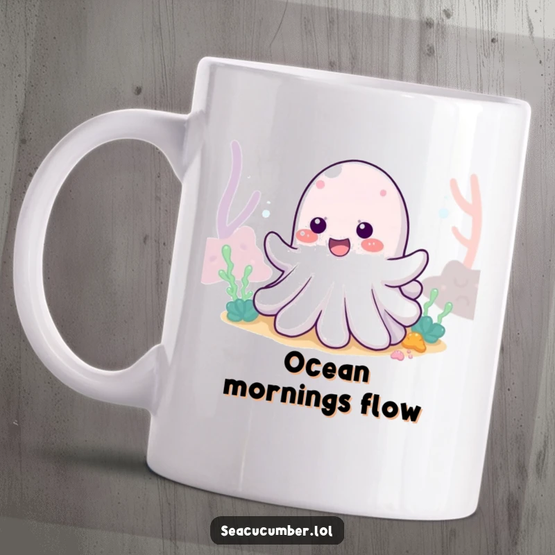 Funny Sea Cucumber Mug showing a cheerful sea cucumber wiggling with delight on the sea floor, embodying ocean joy.