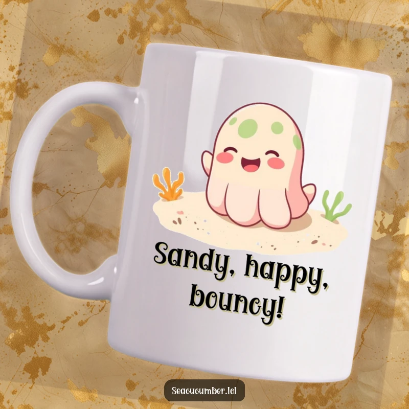 Funny mug featuring a smiling seacucumber playfully bouncing with delight on a soft, sandy ocean bottom, full of cheer.