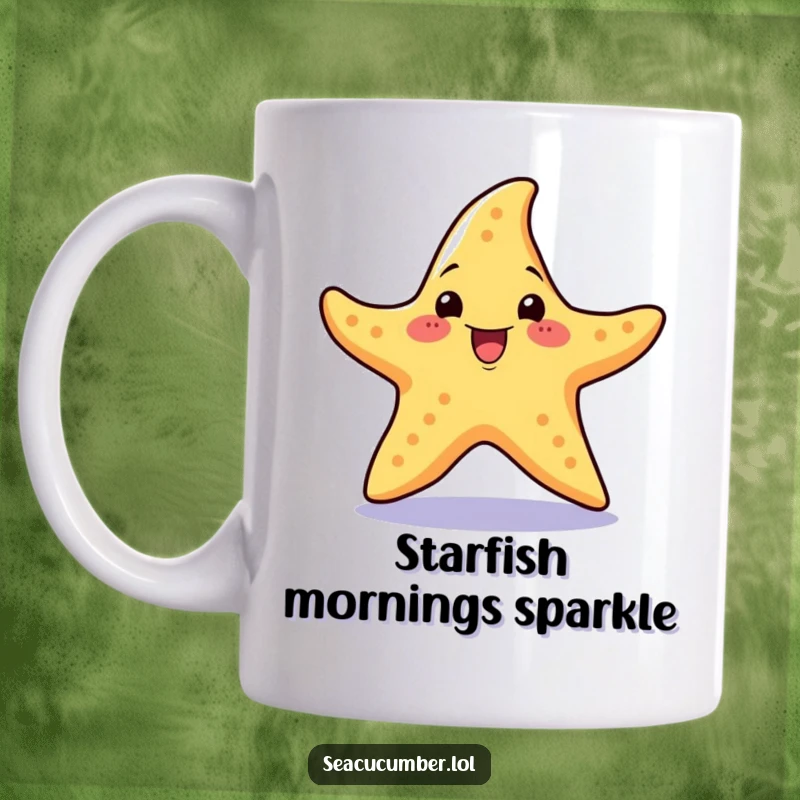 Funny Mug featuring a cheerful starfish with an excited expression performing a little spin.