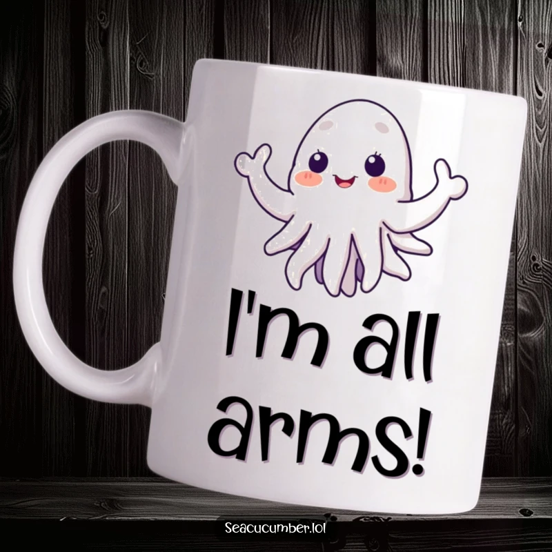 Funny sea cucumber mug with tentacles spread wide in a joyful, welcoming gesture, perfect for ocean enthusiasts seeking a humorous item.