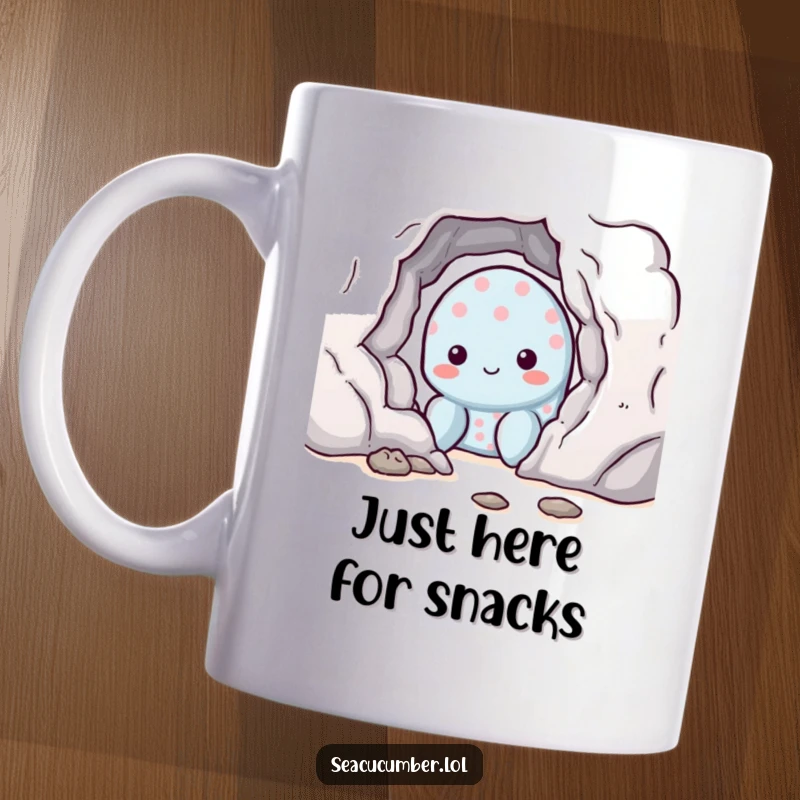 Funny sea cucumber with a shy smile peeking from behind a rock, cute ocean creature illustration for mugs.