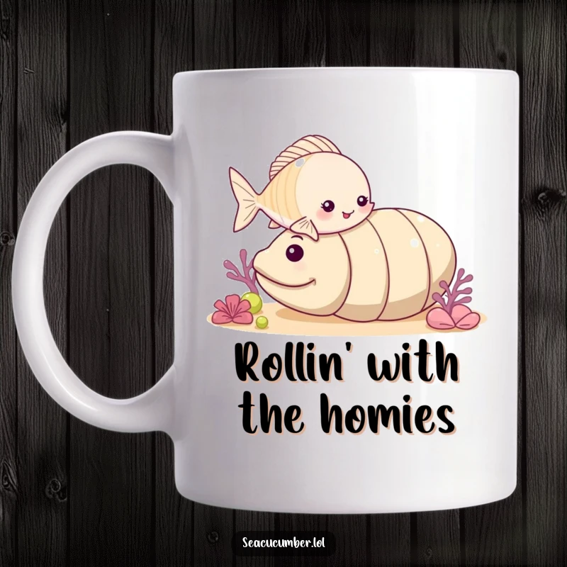 Funny small fish playfully nudging a rolling sea cucumber, a whimsical underwater scene on a mug.