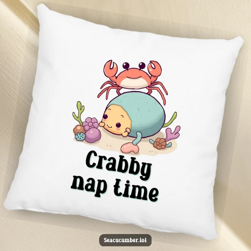 Funny Crab Pillow approaching a tumbling Sea Cucumber, a soft and humorous decorative accent.
