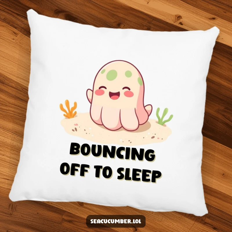 Funny decorative pillow featuring a smiling seacucumber playfully bouncing on a soft sandy bottom, offering cozy, cheerful comfort.