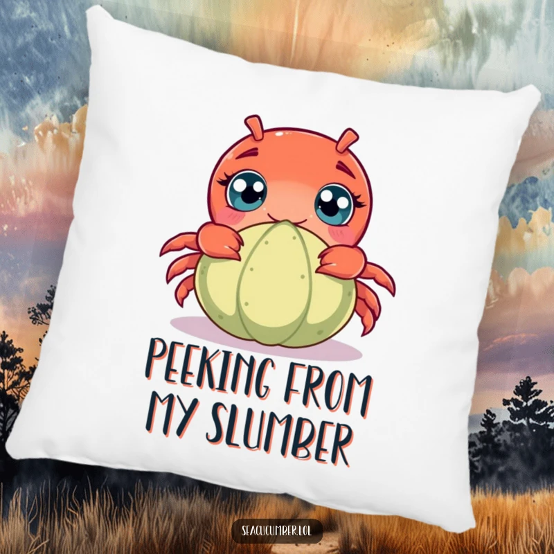 Funny decorative pillow featuring a curious crab with wide eyes peeking from behind a seacucumber, offering cozy humor and ocean charm.
