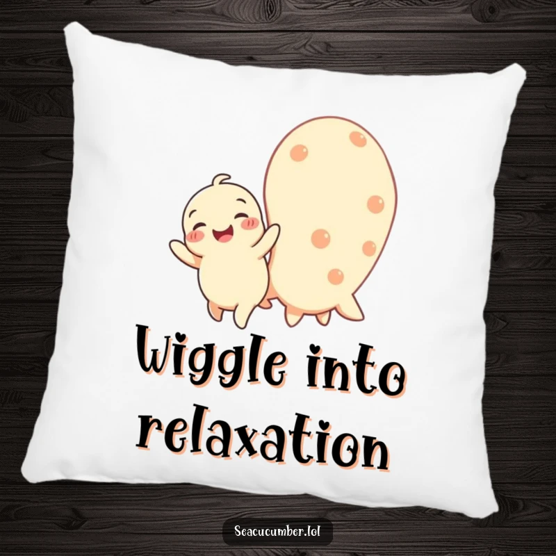Funny decorative pillow featuring a happy baby seacucumber wiggling with joy next to a larger one, offering sweet ocean comfort.