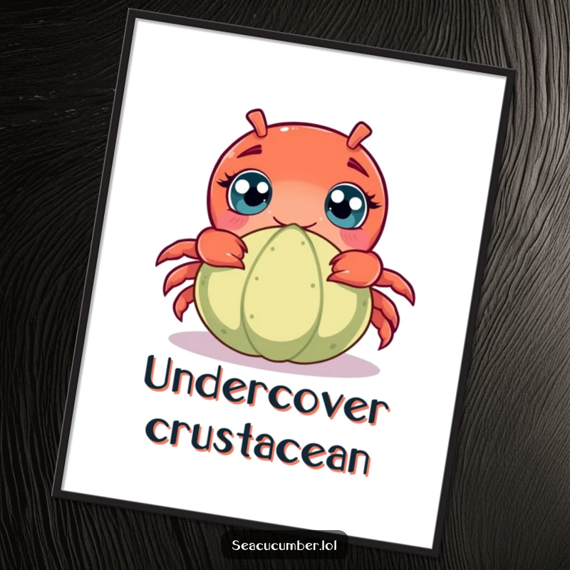 Funny digital art print of a wide-eyed, curious crab peeking from behind a seacucumber, offering instant humorous ocean decor.
