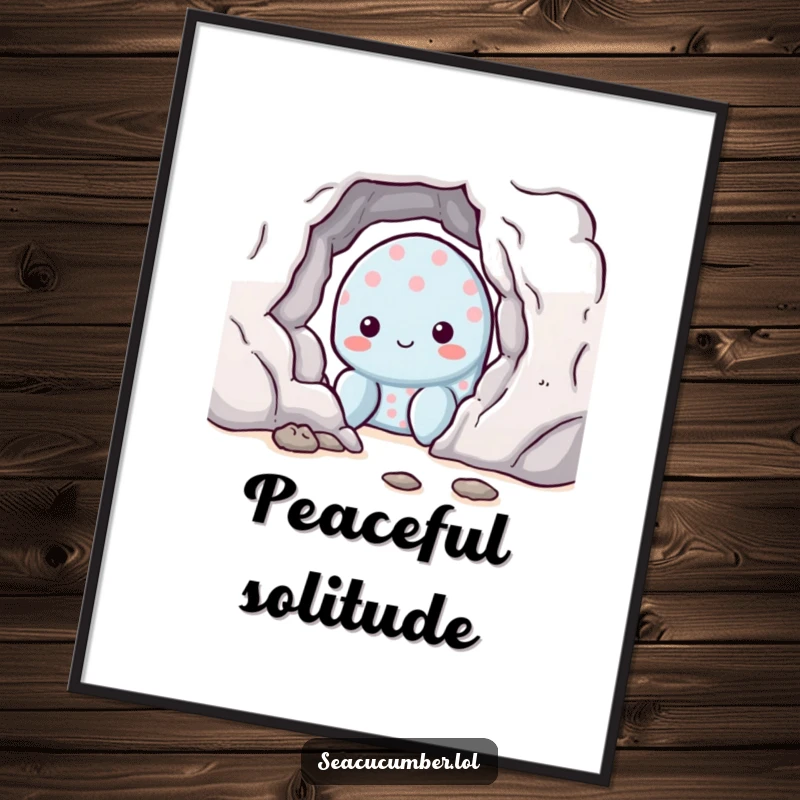 Funny shy sea cucumber peeking from a rock, charming and downloadable ocean creature art print.
