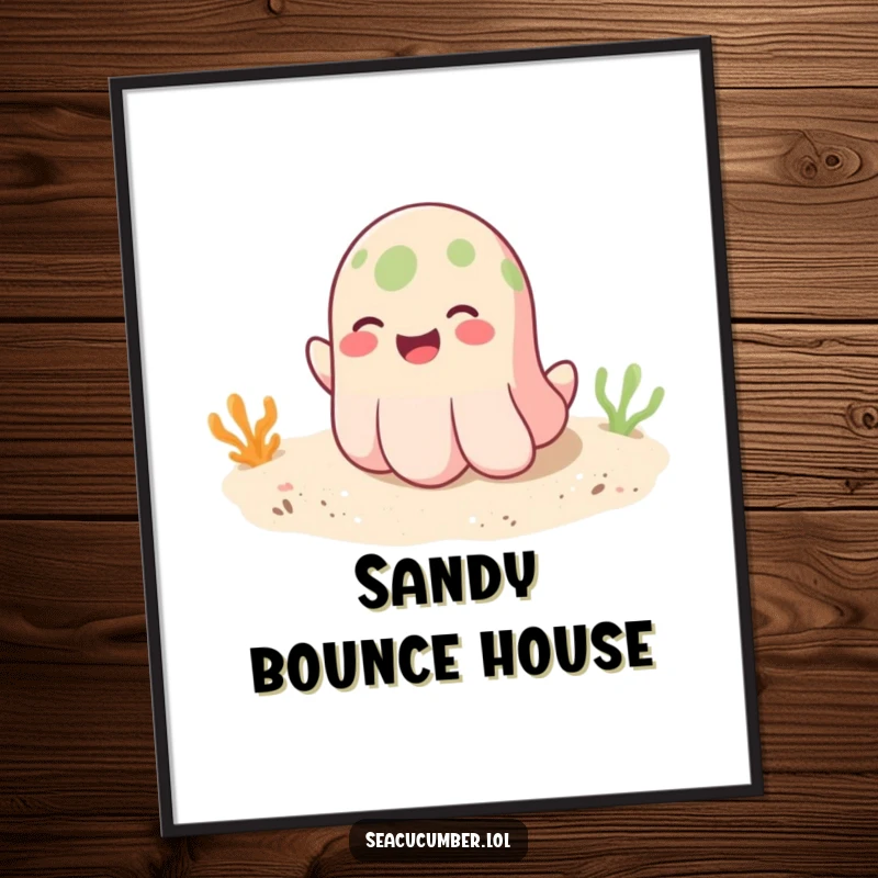 Funny digital art print of a smiling seacucumber playfully bouncing on a sandy bottom, creating instant cheerful decor.