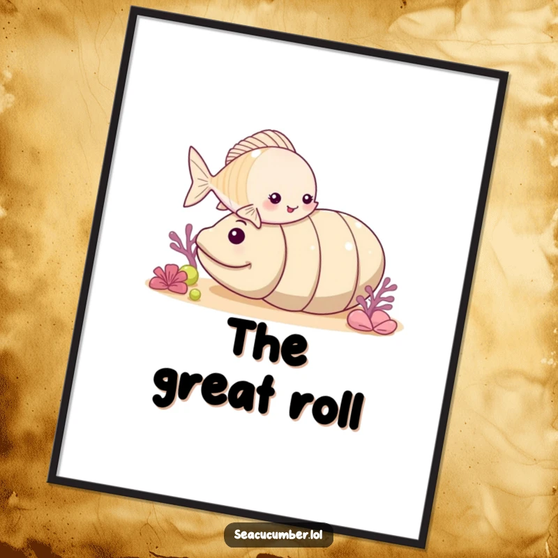 Funny small fish playfully nudging a rolling sea cucumber, vibrant and downloadable ocean-themed art.