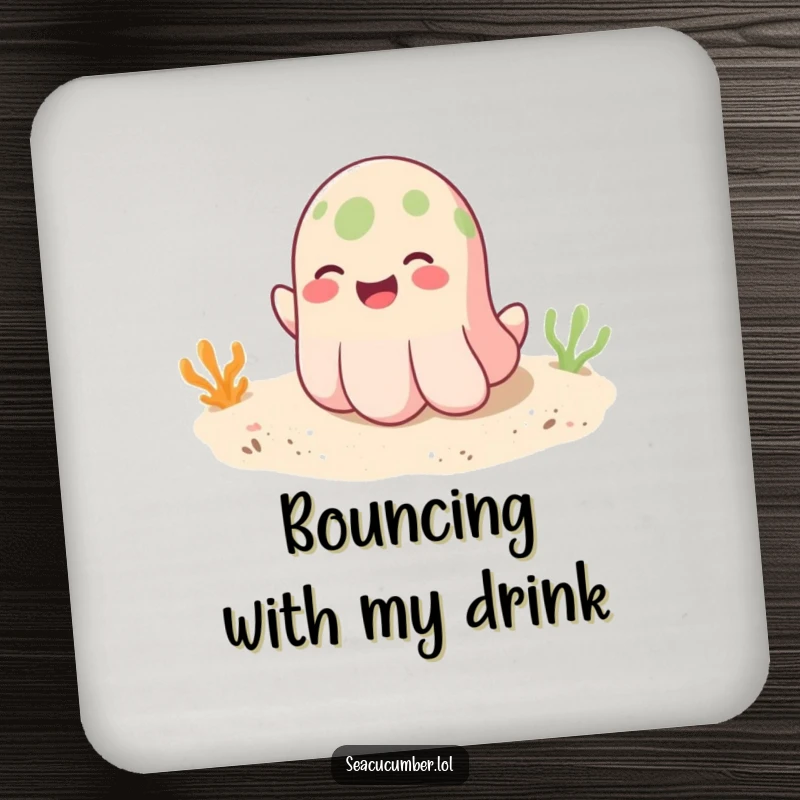Funny drink coasters featuring a smiling seacucumber playfully bouncing on a soft sandy bottom, adding cheerful protection.