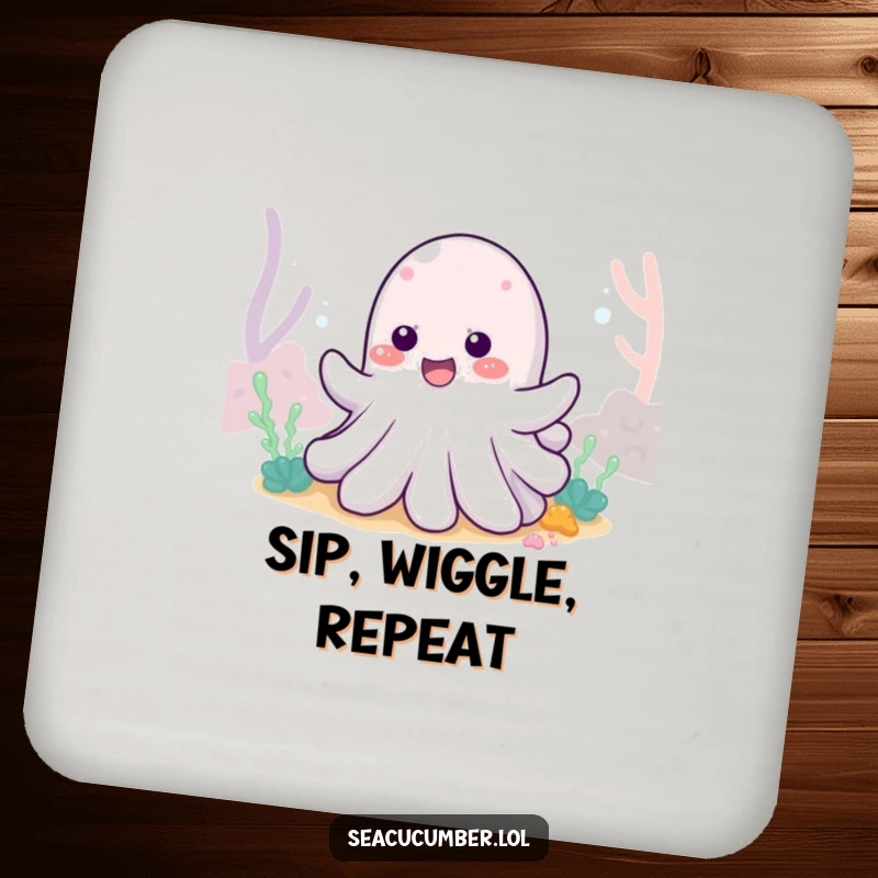 Funny Sea Cucumber Coaster set featuring cheerful sea cucumbers wiggling with delight, offering protection with ocean humor.