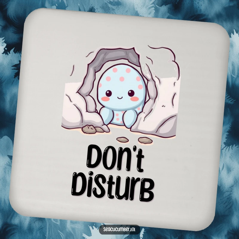 Funny shy sea cucumber with a shy smile peeking from behind a rock, cute coaster set for drink protection.