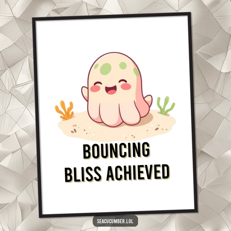 Funny poster art of a smiling seacucumber playfully bouncing on a sandy ocean floor, bringing cheerful, playful vibes.