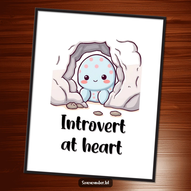 Funny shy sea cucumber peeking from behind a rock, charming ocean creature illustration for wall art.