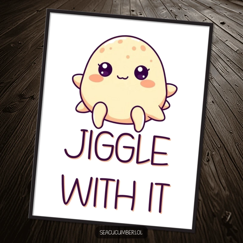 Funny sea cucumber with cheerful dot eyes gently bouncing, a happy and vibrant ocean creature art print.