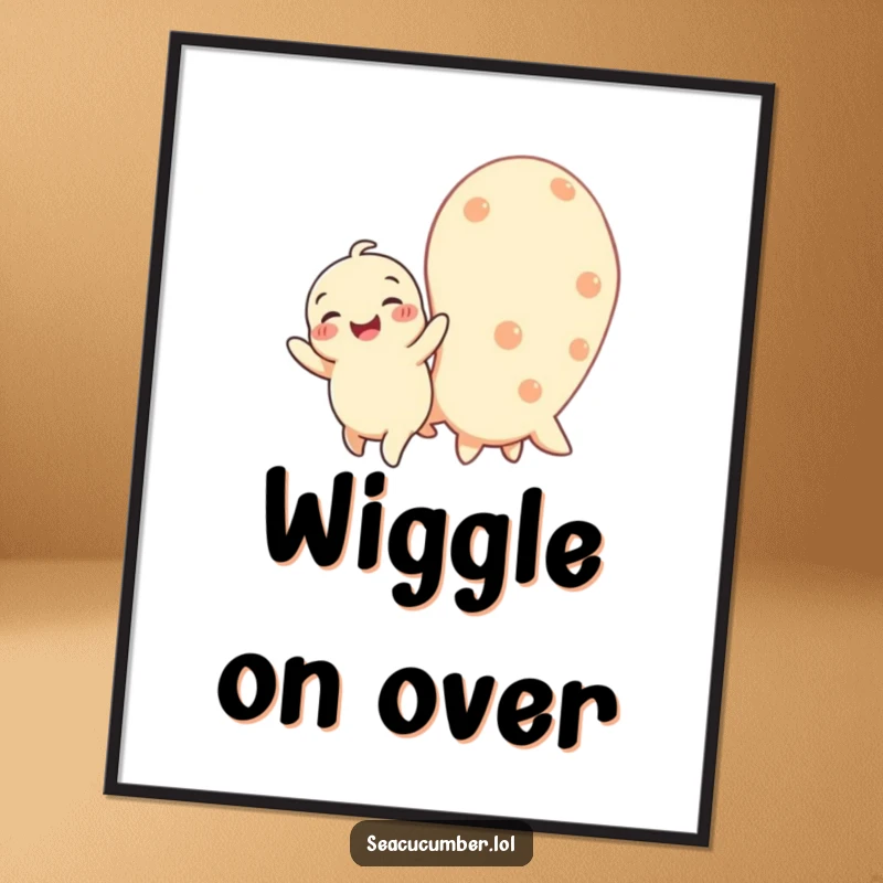 Funny poster art depicting a happy baby seacucumber wiggling joyfully next to a larger one, creating a cheerful ocean scene.