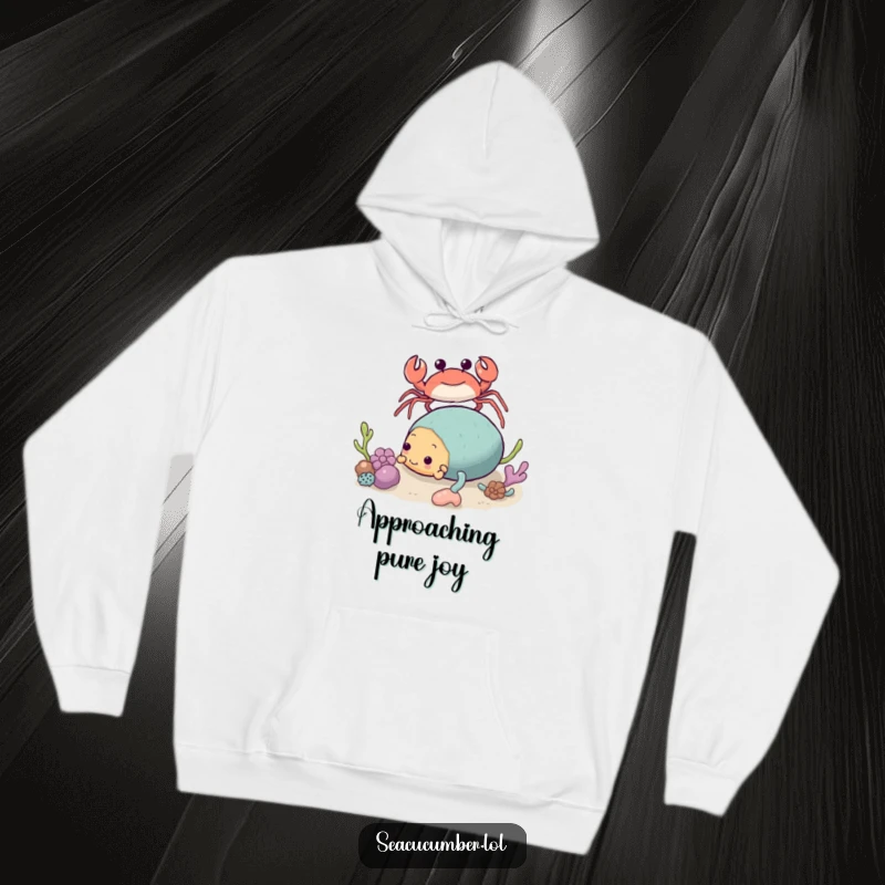 Funny Crab Hoodie approaching a tumbling Sea Cucumber, a warm and humorous apparel choice for gift-givers.
