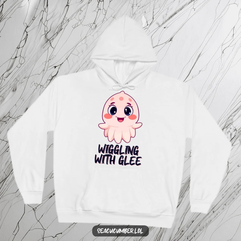Funny Sea Cucumber Hoodie wiggling joyfully with wide, happy eyes, a warm and humorous apparel choice.