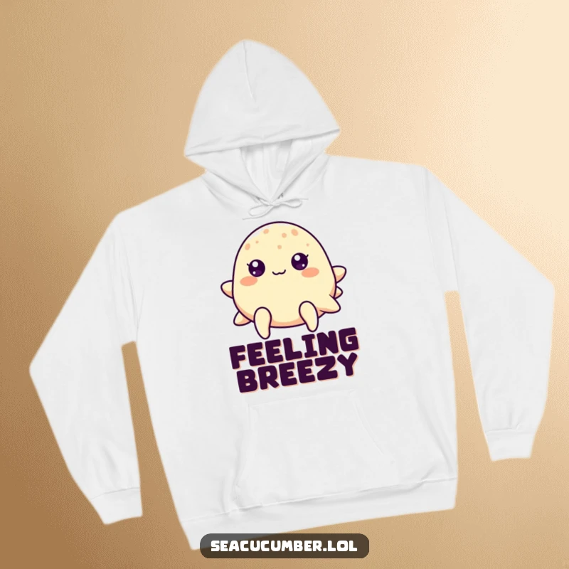 Funny sea cucumber with cheerful dot eyes bouncing gently, a cozy and happy ocean-themed hoodie.