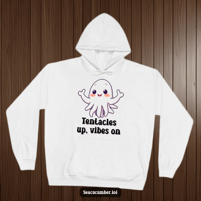 Funny sea cucumber hoodie, depicted with a big smile and welcoming tentacles, offering warmth and humorous comfort to the wearer.