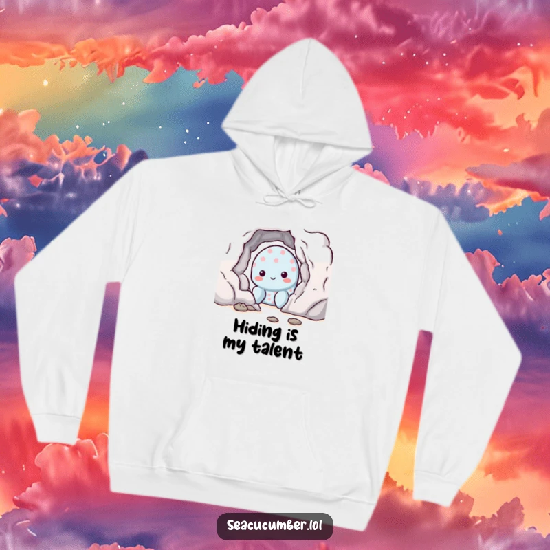 Funny shy sea cucumber hiding behind a rock, cozy ocean creature illustration on a comfortable hoodie.