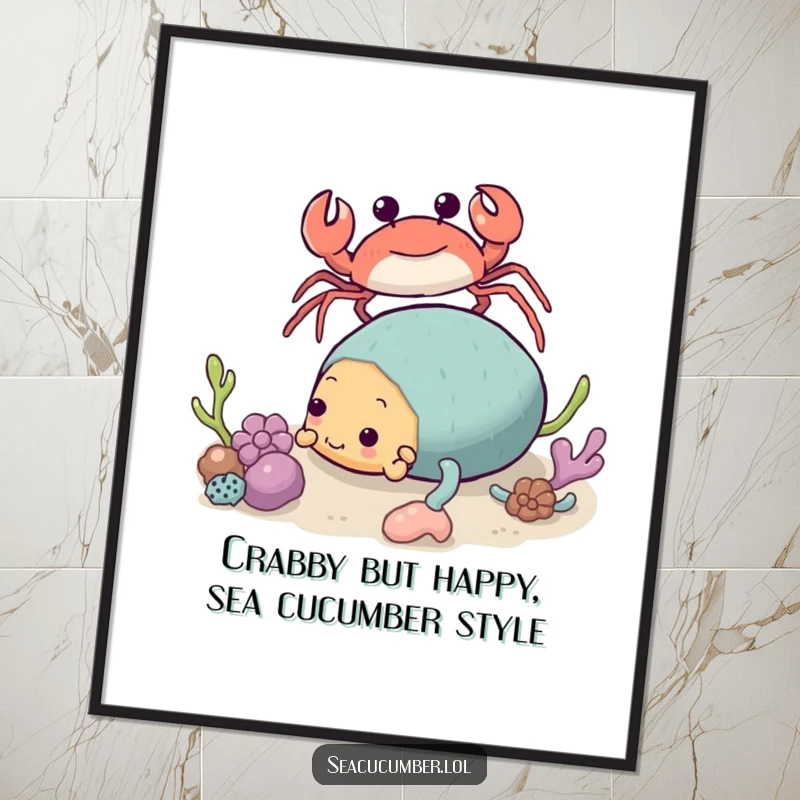 Funny free printable wall art: A friendly crab cautiously approaches a sea cucumber joyfully tumbling with wide, happy eyes.