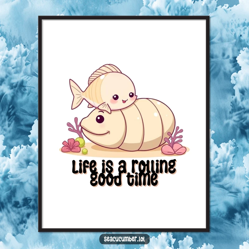 Funny Free Printable Wall Art: A small fish playfully nudges a rolling sea cucumber, whimsical downloadable art for any wall.