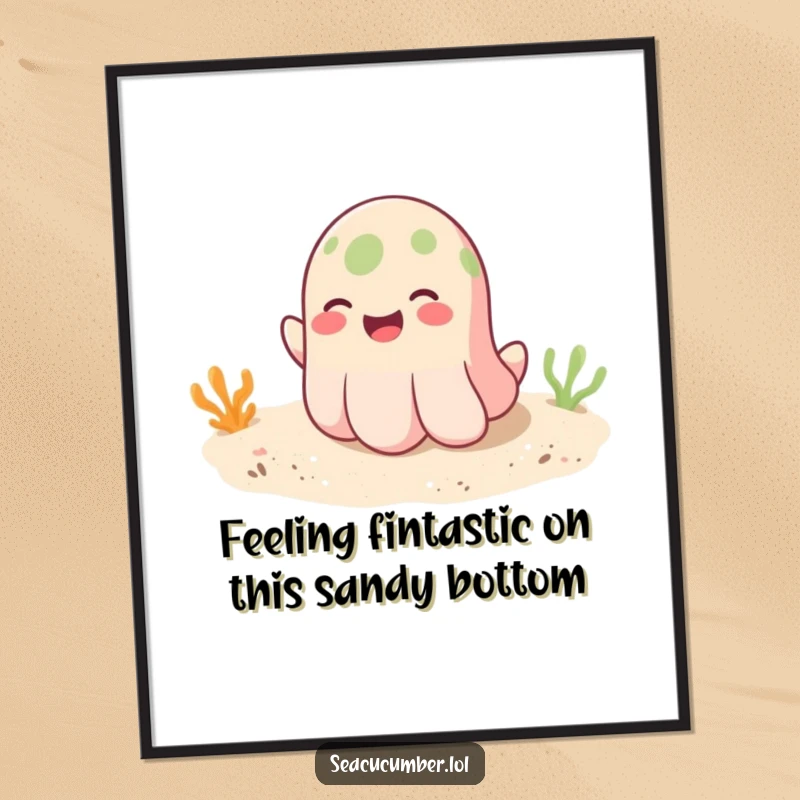 Funny Free Printable Wall Art depicting a smiling sea cucumber playfully bouncing on a soft sandy ocean bottom.