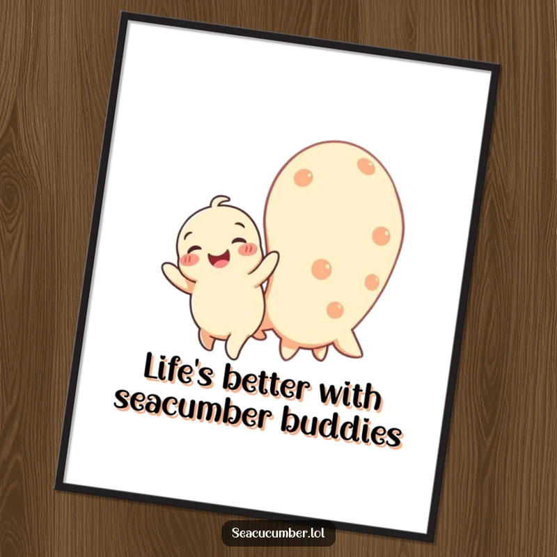 Funny Free Printable Wall Art featuring a happy baby sea cucumber wiggling with joy beside a larger, content sea cucumber.