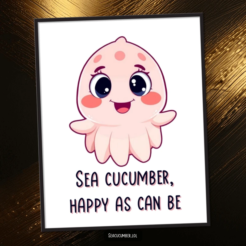 Funny free printable wall art: A sea cucumber with wide, happy eyes wiggles with pure delight, bringing joy to your decor.